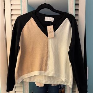 Six Fifty Colorblock Addison V-Neck Sweater - Black, Cream & Tan